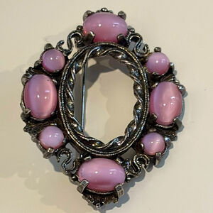 Vintage Miracle Pink Moonglow glass signed Brooch Silver tone twirl Accents